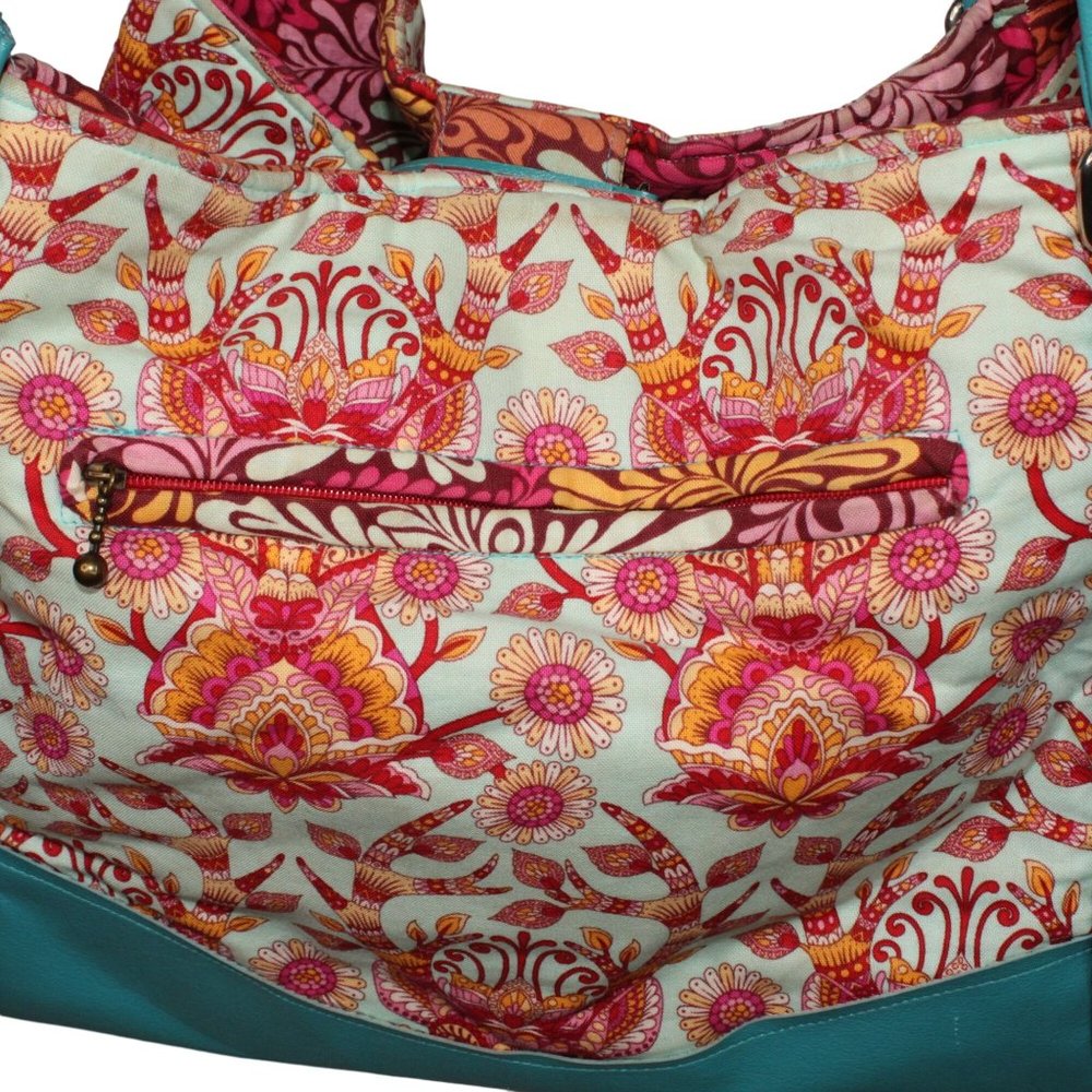 Karried Astray Teal Green Faux Leather Floral Fabric Satchel Shoulder Purse - Picture 10 of 14